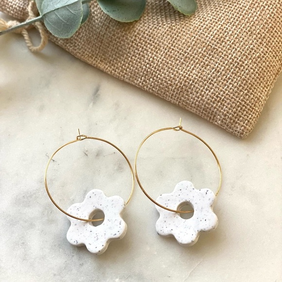 Polymer Clay Dainty Flower Gold Hoops - Picture 3 of 5
